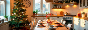 "Cocina moderna decorada para Navidad con luces cálidas, detalles rojos y dorados, y una mesa elegante lista para las cenas festivas."