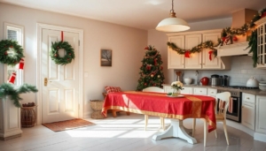 Cocina navideña con estanterías iluminadas, guirnaldas en los muebles y una mesa decorada en tonos rojo y dorado para las fiestas