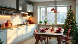 Elegante mesa de Navidad en una cocina renovada - mantel blanco, adornos festivos y detalles de iluminación que realzan el espacio