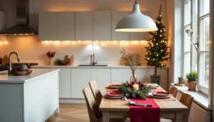 Mesa de Navidad decorada en una cocina moderna - vajilla temática, centros de mesa con velas y ramas de abeto para un ambiente acogedo