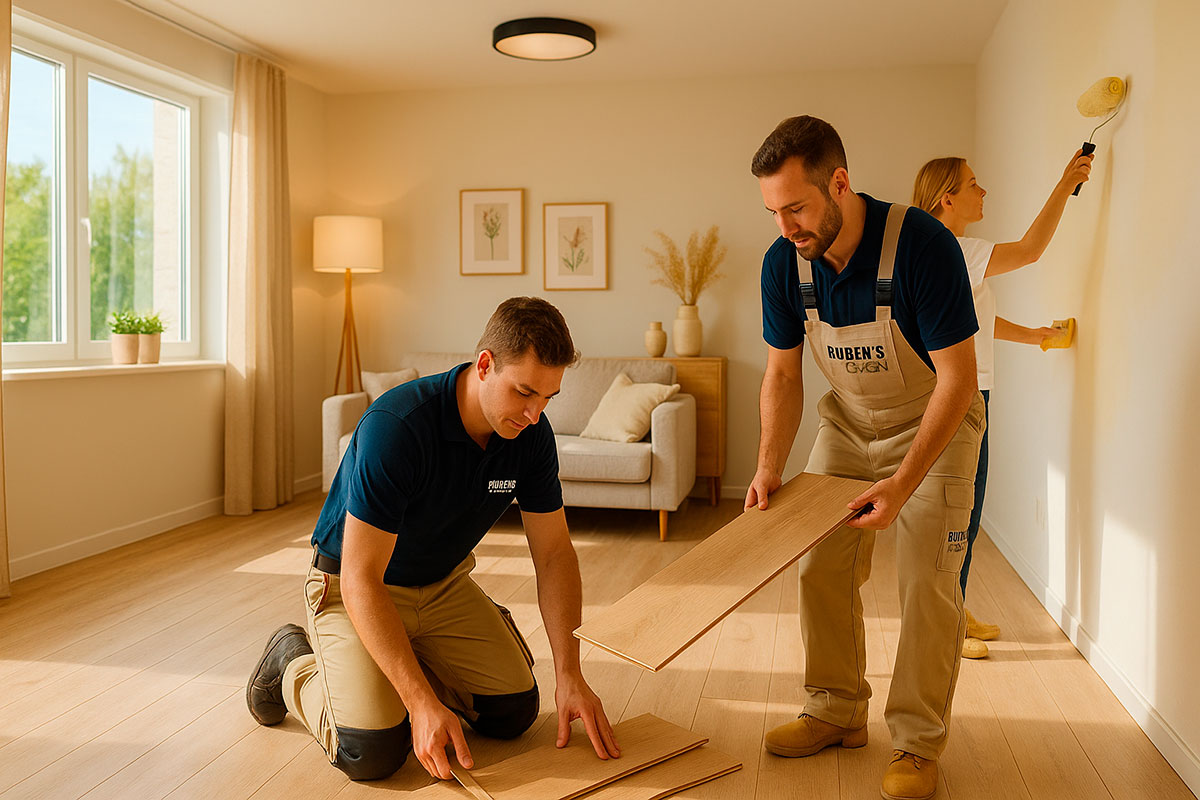 Trabajadores de Reformas Rubens pintando y colocando suelo laminado en salón moderno con luz natural primaveral.