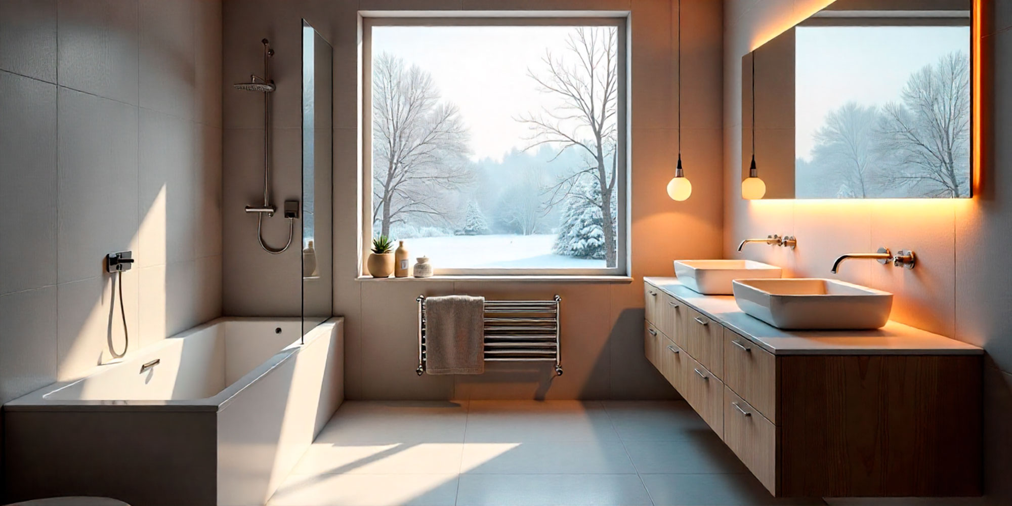 Baño moderno sin bañera, con plato de ducha a la izquierda, lavabo doble y una ventana con vistas invernales. Radiador tipo toallero con toalla, ambiente cálido. Reforma en Móstoles por Reformas Rubens.