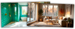Collage que muestra un salón acogedor y un baño moderno reformados para el invierno. Suelos cálidos, iluminación LED y aislamiento eficiente. Reformas Rubens en Móstoles.