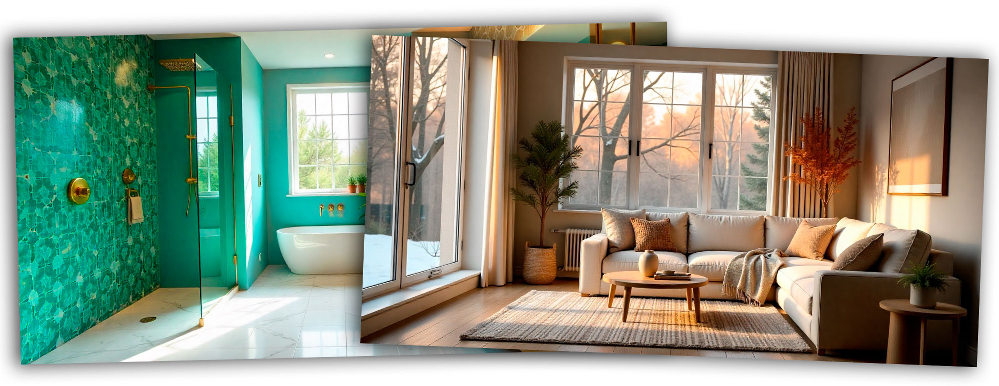 Collage que muestra un salón acogedor y un baño moderno reformados para el invierno. Suelos cálidos, iluminación LED y aislamiento eficiente. Reformas Rubens en Móstoles.