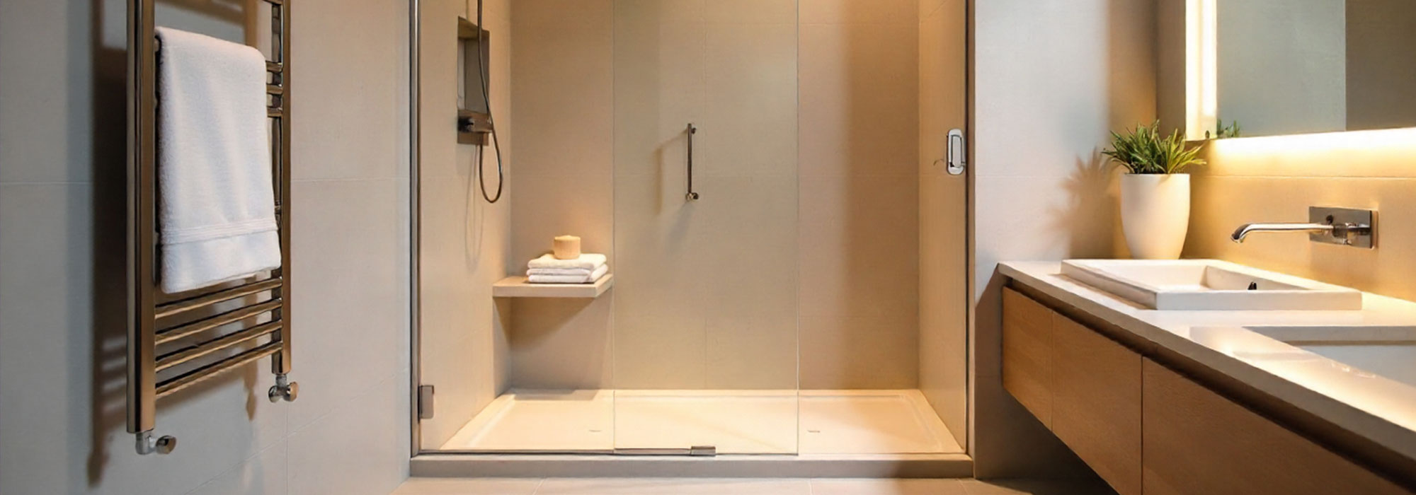 Baño renovado con ducha tipo walk-in, mampara de cristal y radiador toallero, ideal para el invierno.