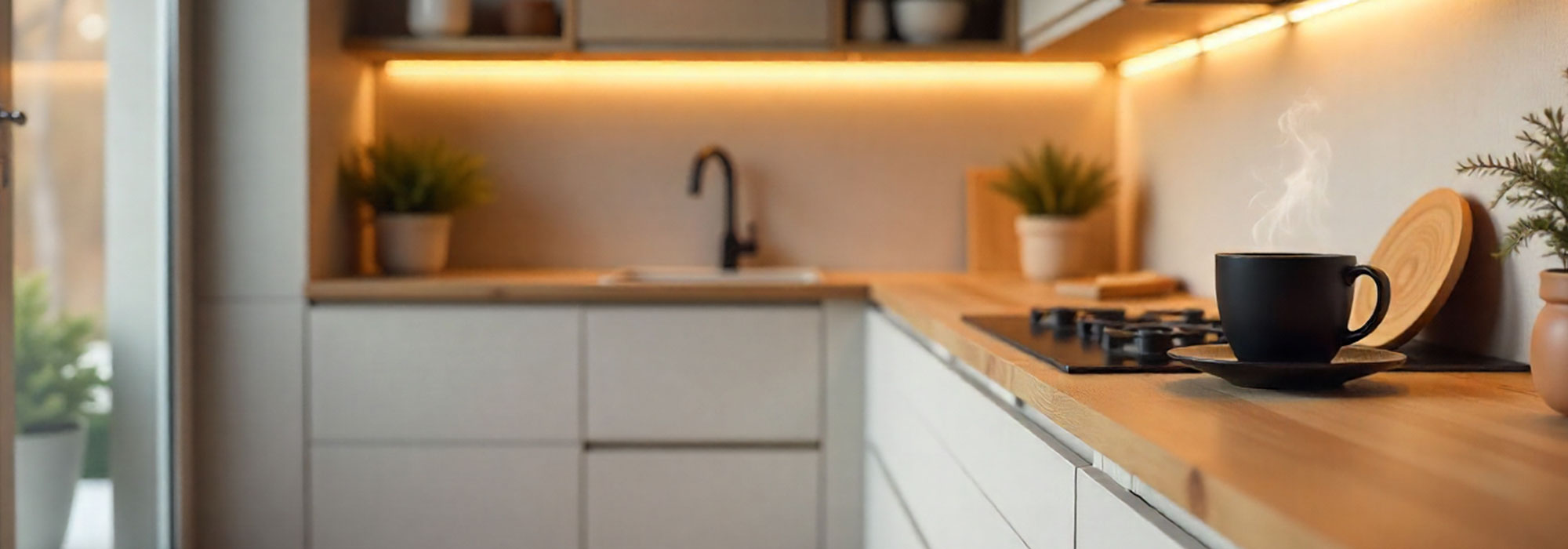 Cocina luminosa con encimera de madera y luz cálida, pensada para mantener el confort en los meses fríos.