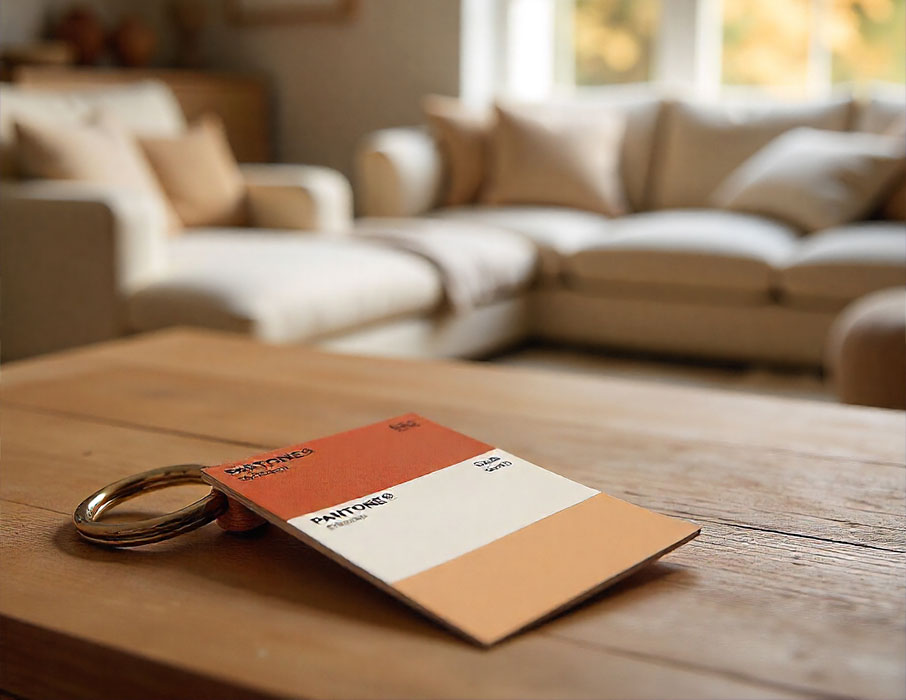 Llavero Pantone con colores cálidos como terracota y beige sobre una mesa de madera, con un salón moderno desenfocado al fondo.