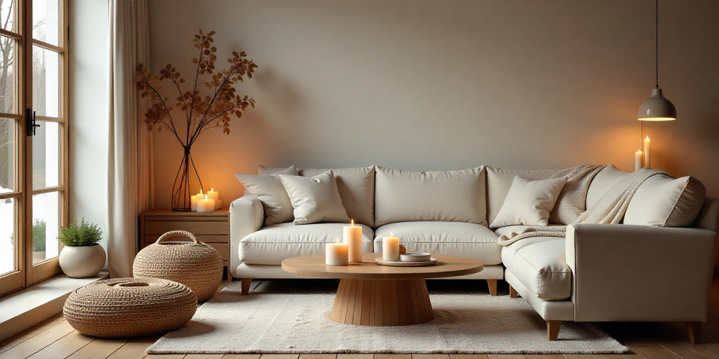 Salón acogedor con decoración natural, velas cálidas y tonos neutros que crean un ambiente confortable para el invierno.