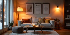 Salón moderno iluminado con luz cálida, creando un ambiente acogedor de invierno gracias a lámparas suaves y decoración en tonos cálidos.