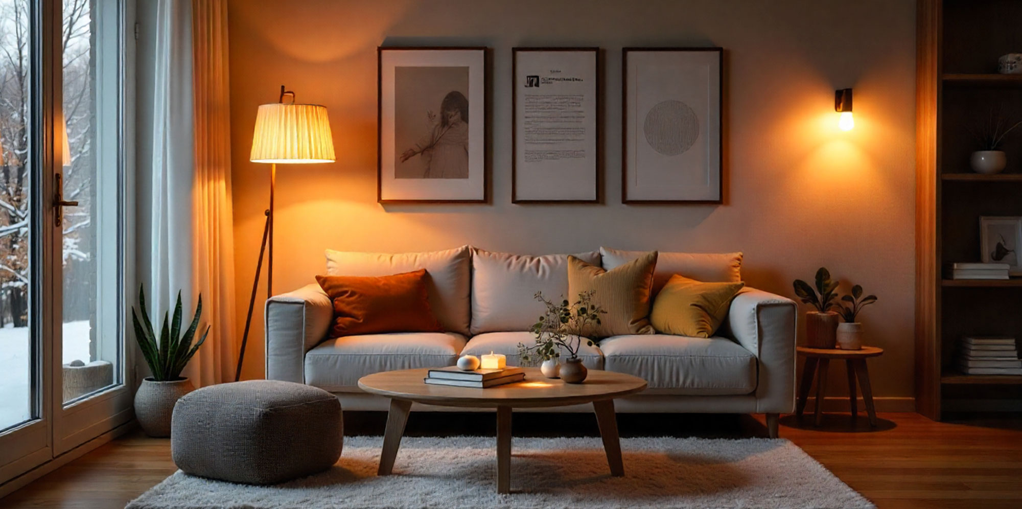 Salón moderno iluminado con luz cálida, creando un ambiente acogedor de invierno gracias a lámparas suaves y decoración en tonos cálidos.